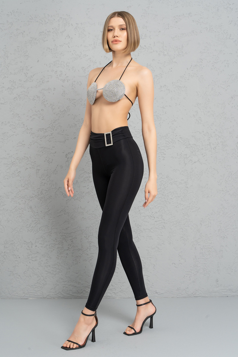 Siyah Taşlı Kemer Tokalı Tayt