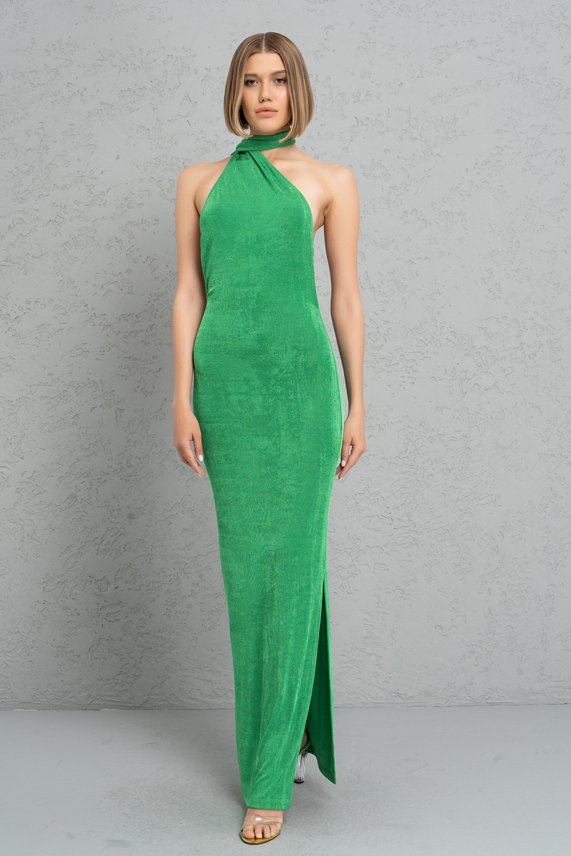 Kelly Green Sırt Detaylı Boyundan Bağlamalı Maxi Elbise