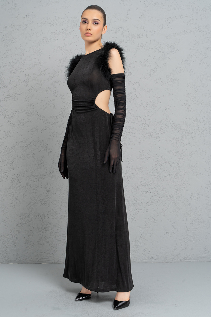 Siyah Transparan Tül Eldivenli Yırtmaçlı Elbise