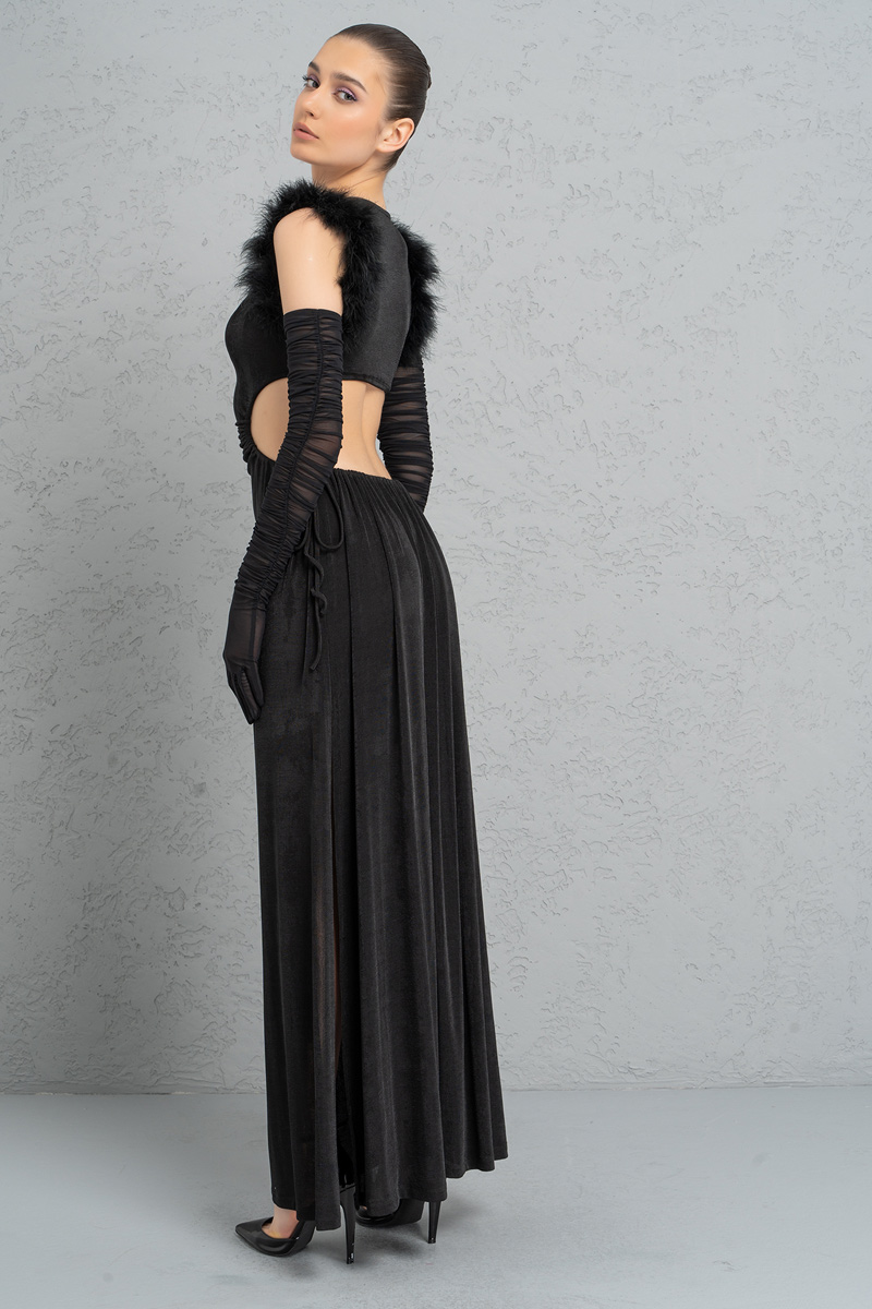 Siyah Transparan Tül Eldivenli Yırtmaçlı Elbise