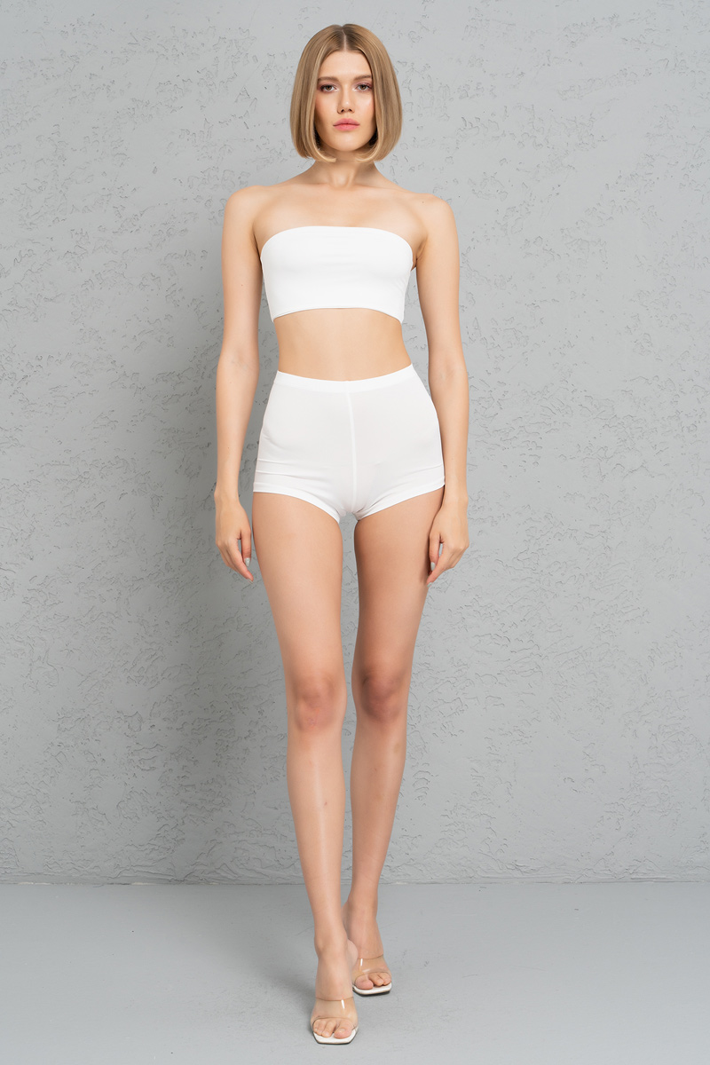 Basic Offwhite Bandeau And Booty Shorts Set