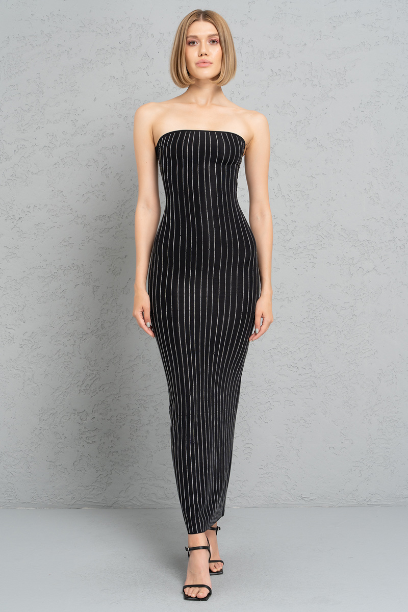 Siyah Taşlı Straplez Maxi Elbise