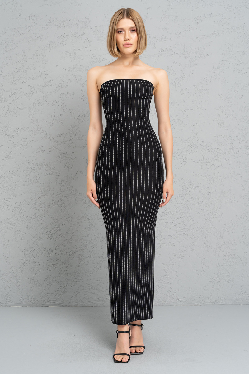 Siyah Taşlı Straplez Maxi Elbise