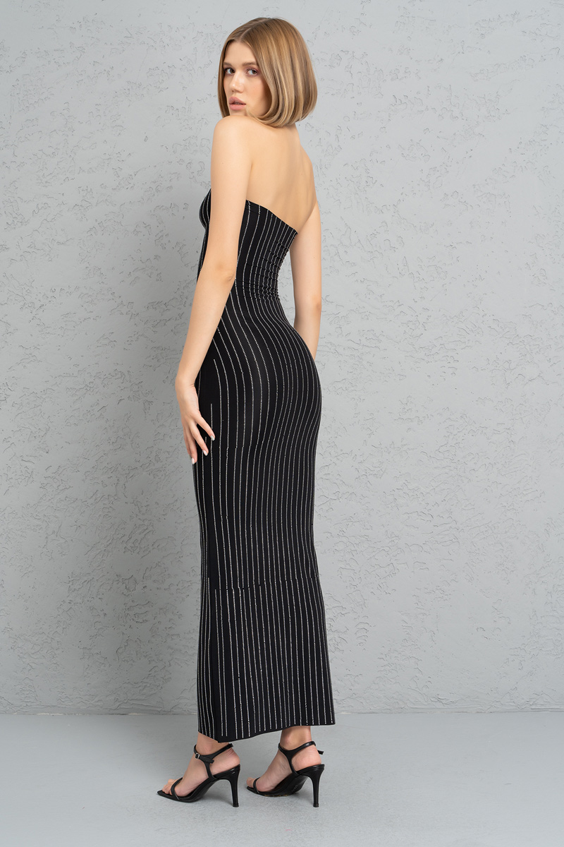 Siyah Taşlı Straplez Maxi Elbise