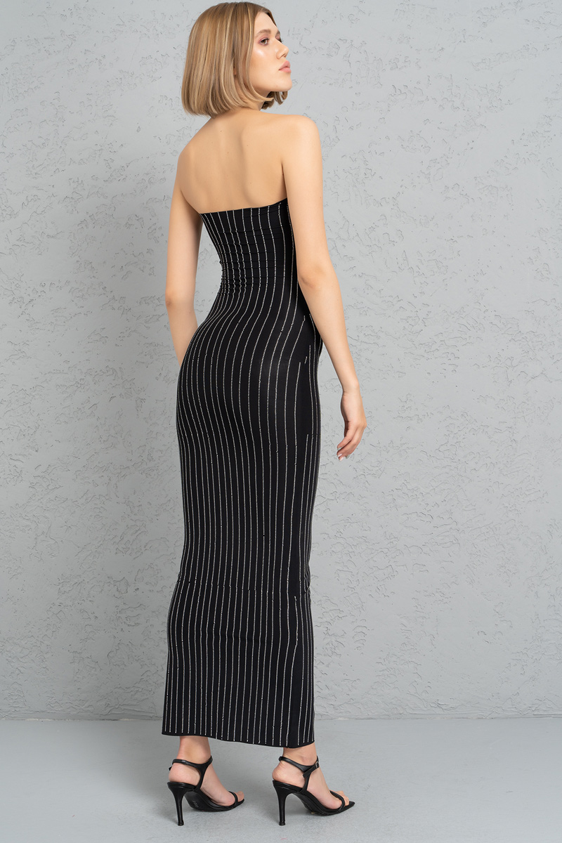 Siyah Taşlı Straplez Maxi Elbise