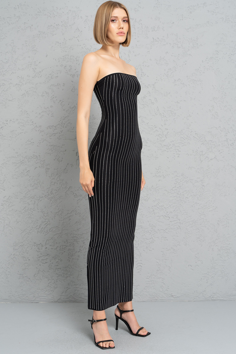 Siyah Taşlı Straplez Maxi Elbise