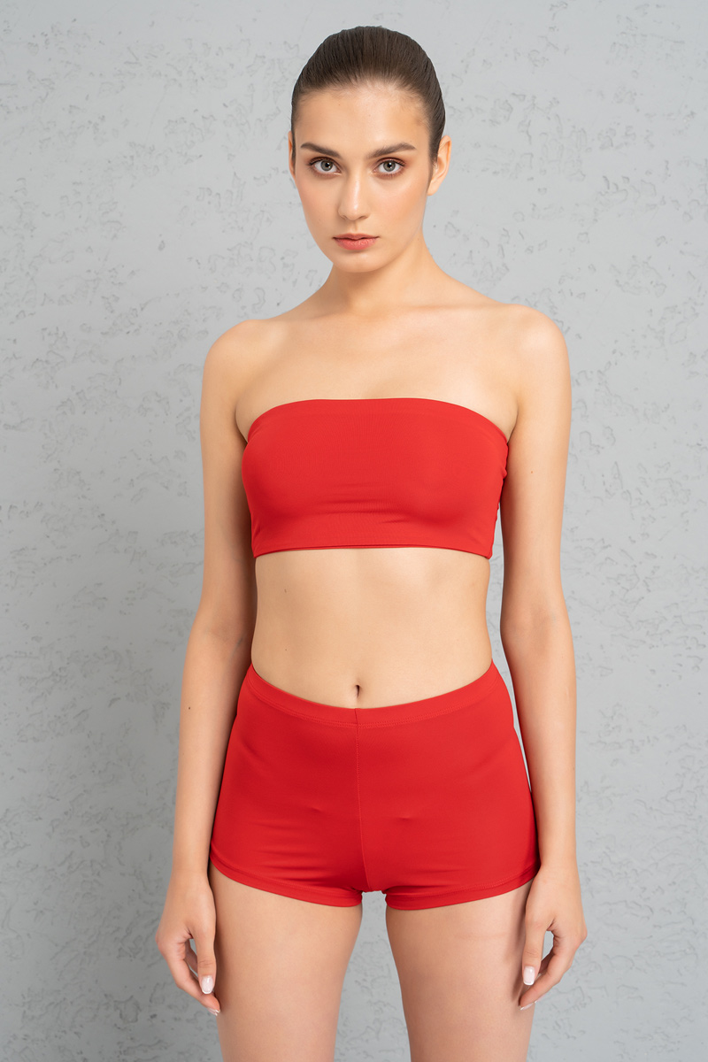 Basic Red Bandeau And Booty Shorts Set