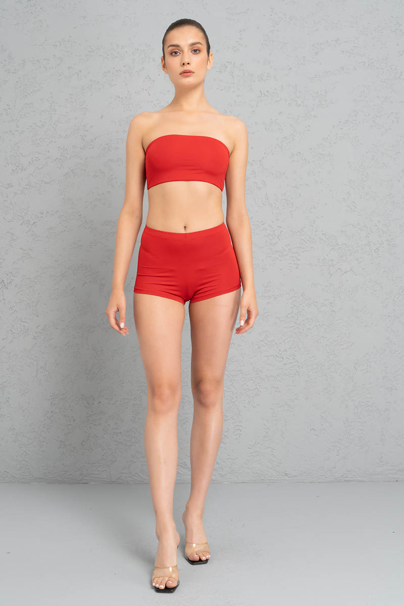 Basic Red Bandeau And Booty Shorts Set
