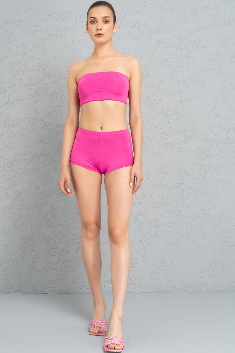 Basic New Fuschia Bandeau And Booty Shorts Set
