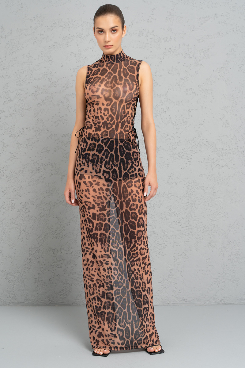 Ten Siyah Leopar Leopar Desenli Maxi Tül Elbise