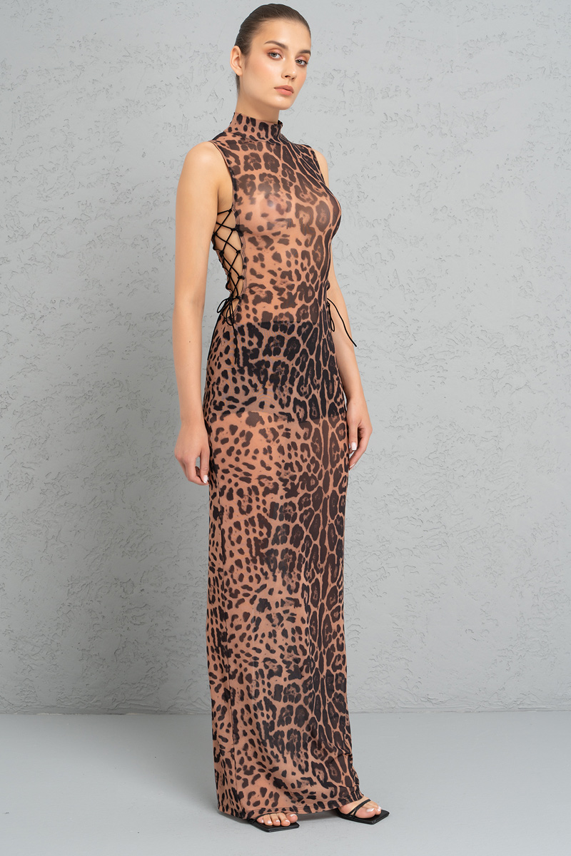 Ten Siyah Leopar Leopar Desenli Maxi Tül Elbise
