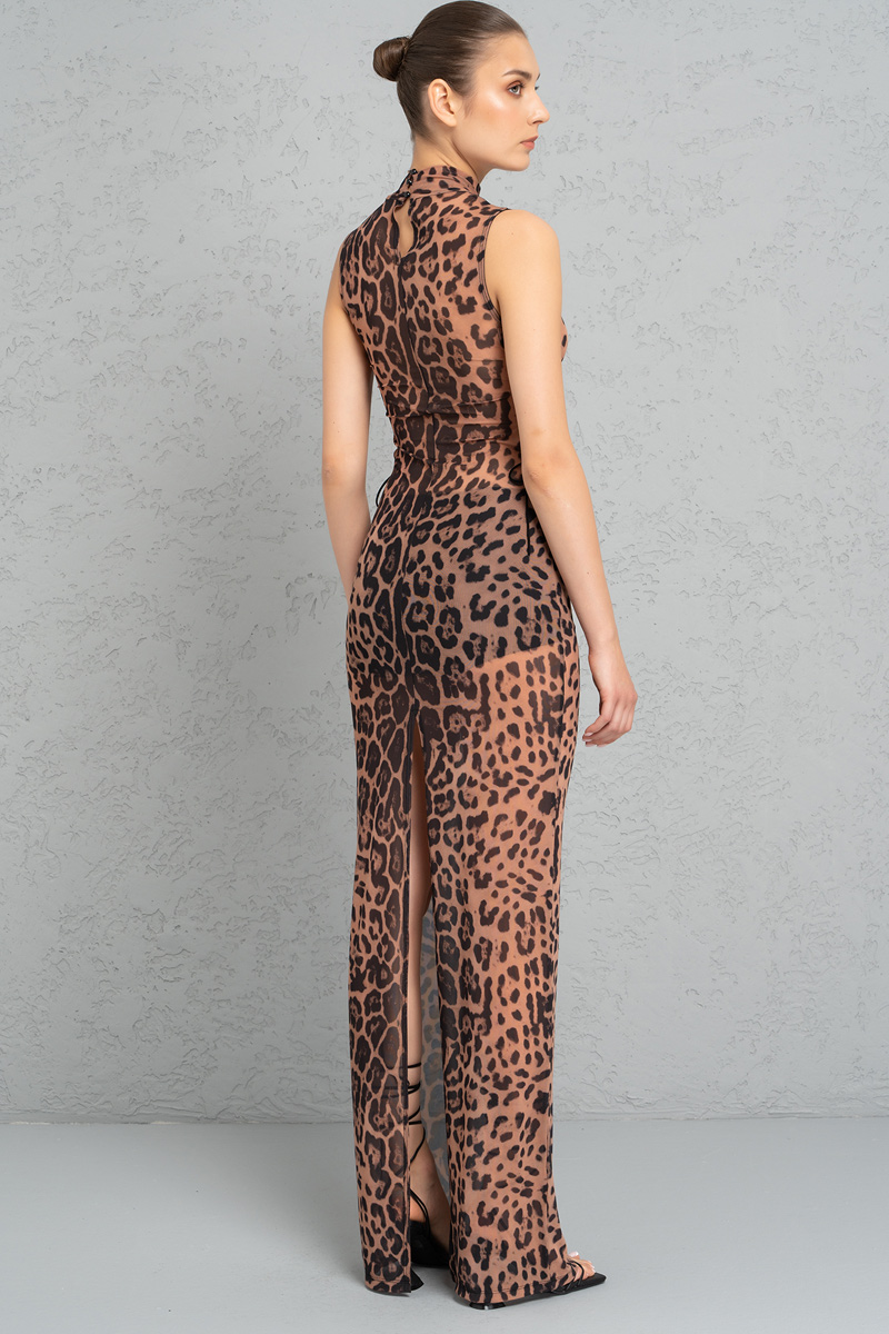 Ten Siyah Leopar Leopar Desenli Maxi Tül Elbise