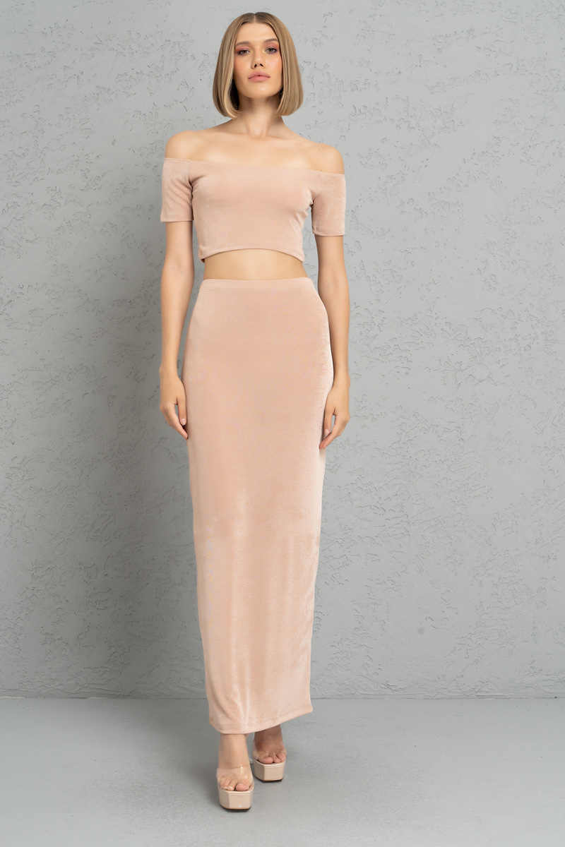 Nude Kayık Yaka Crop Bluz