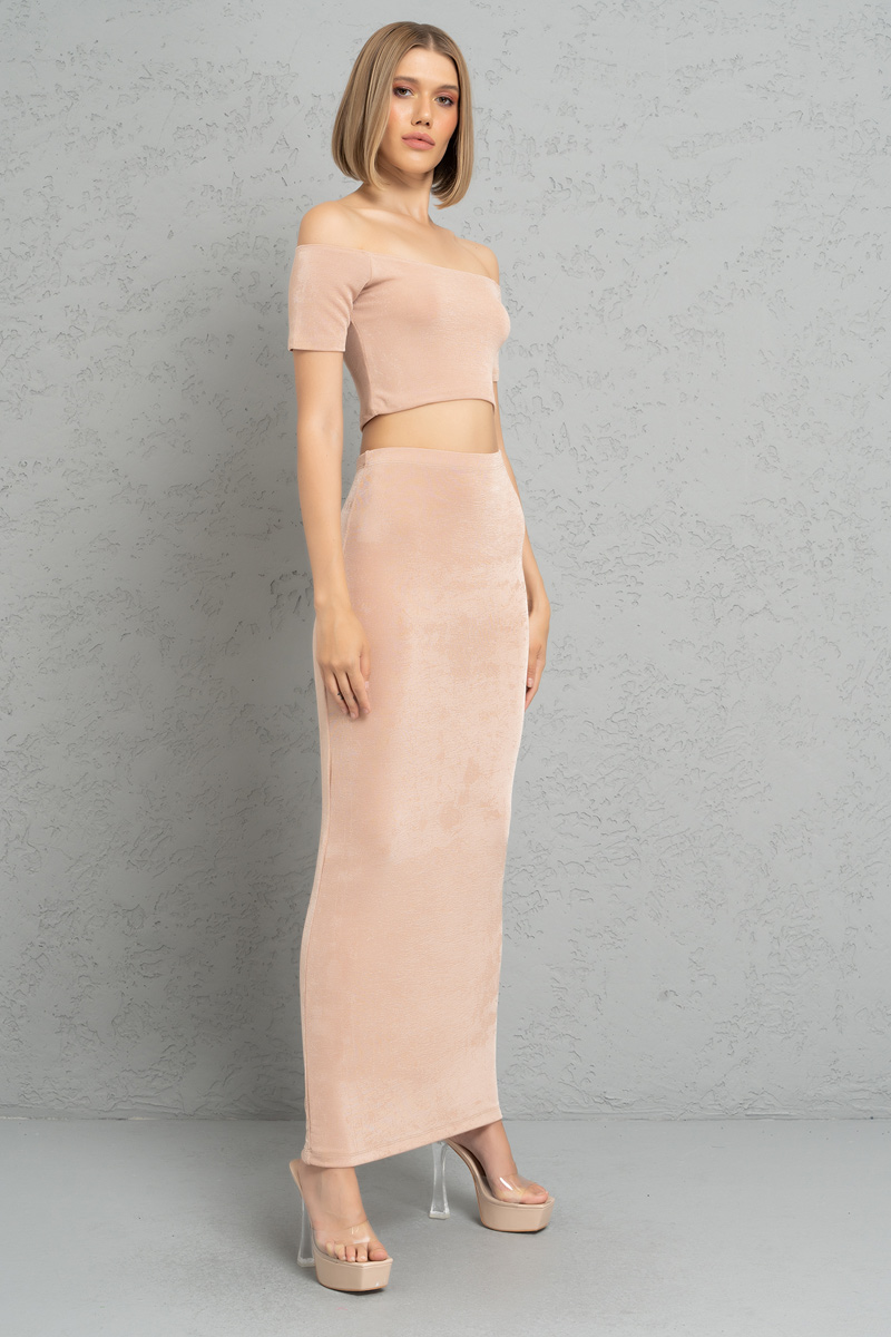 Nude Kayık Yaka Crop Bluz