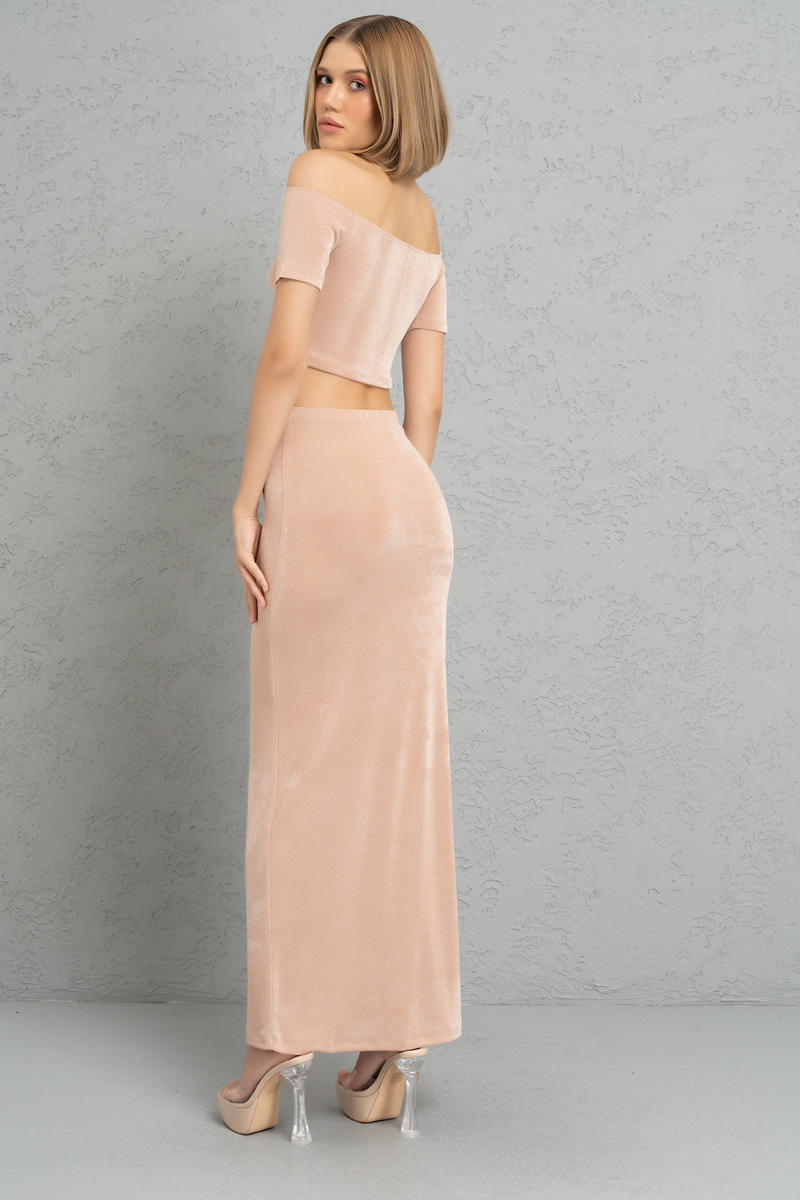 Nude Kayık Yaka Crop Bluz