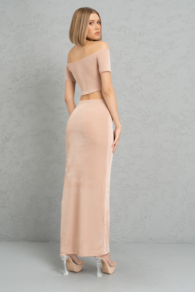Nude Kayık Yaka Crop Bluz