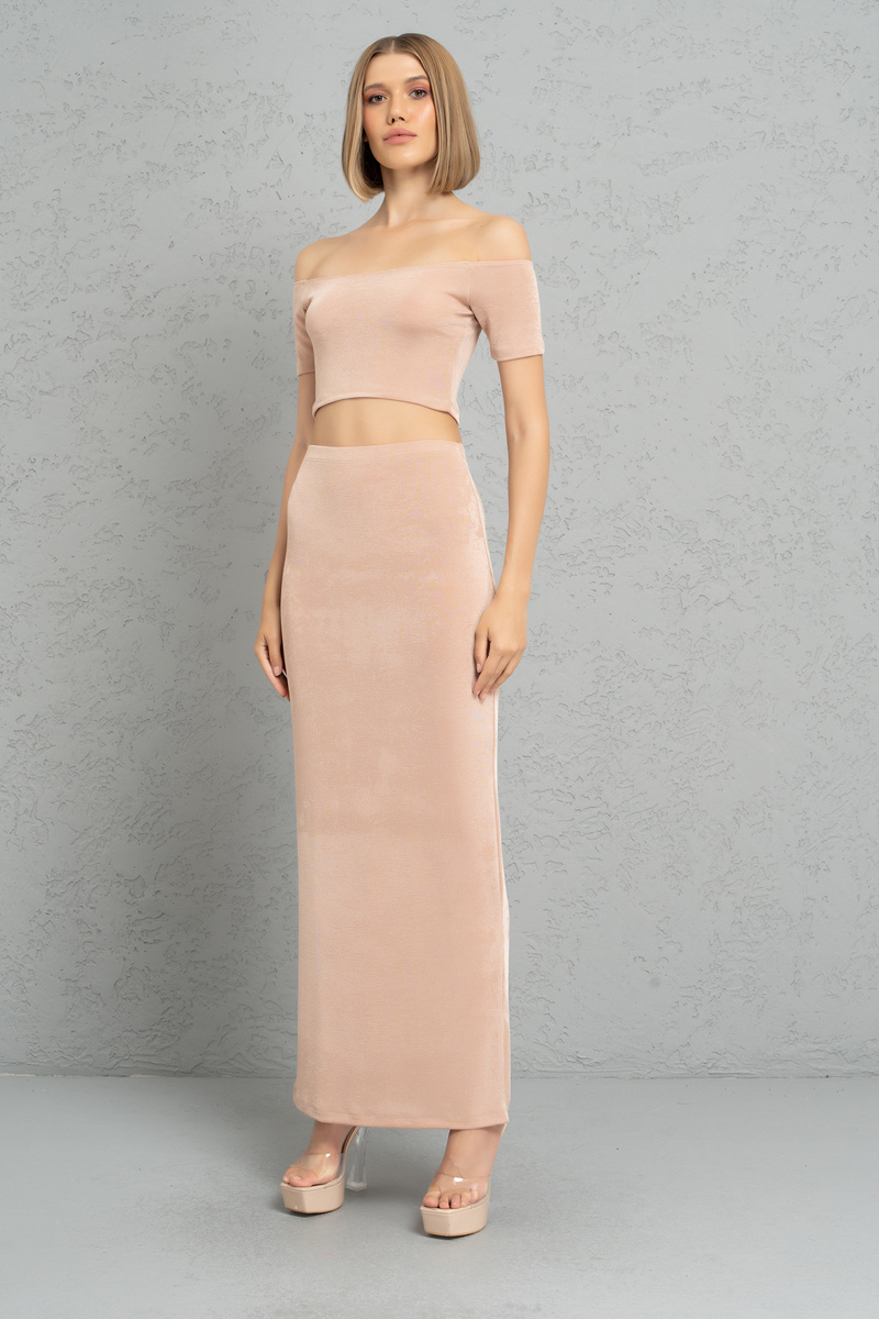 Nude Kayık Yaka Crop Bluz