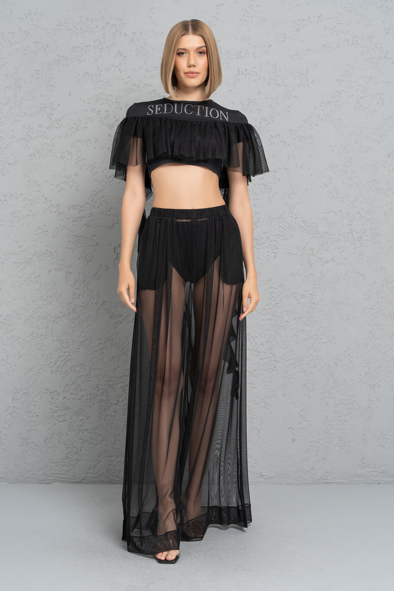 Black Frill Crop Top \u0026 Sheer Pants With 