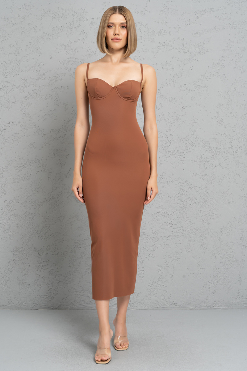 Tobacco Bodycon Midi Dress with Padded Cups