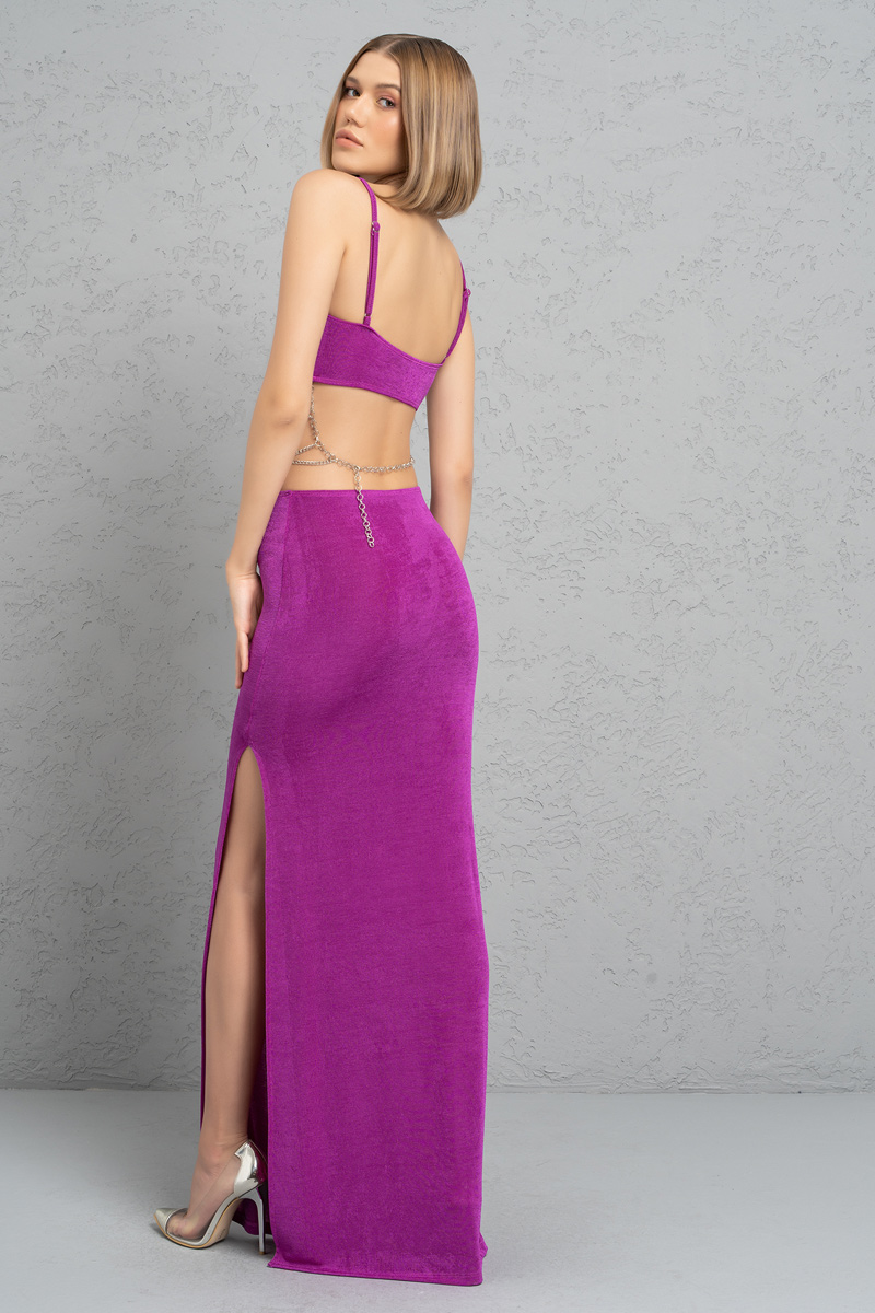 Magenta Beli Zincir Detaylı Maxi Elbise