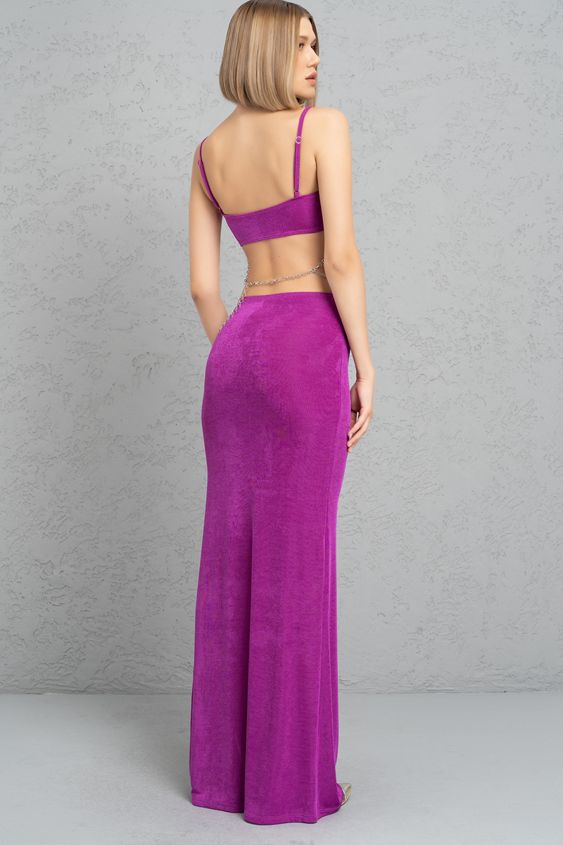 Magenta Beli Zincir Detaylı Maxi Elbise