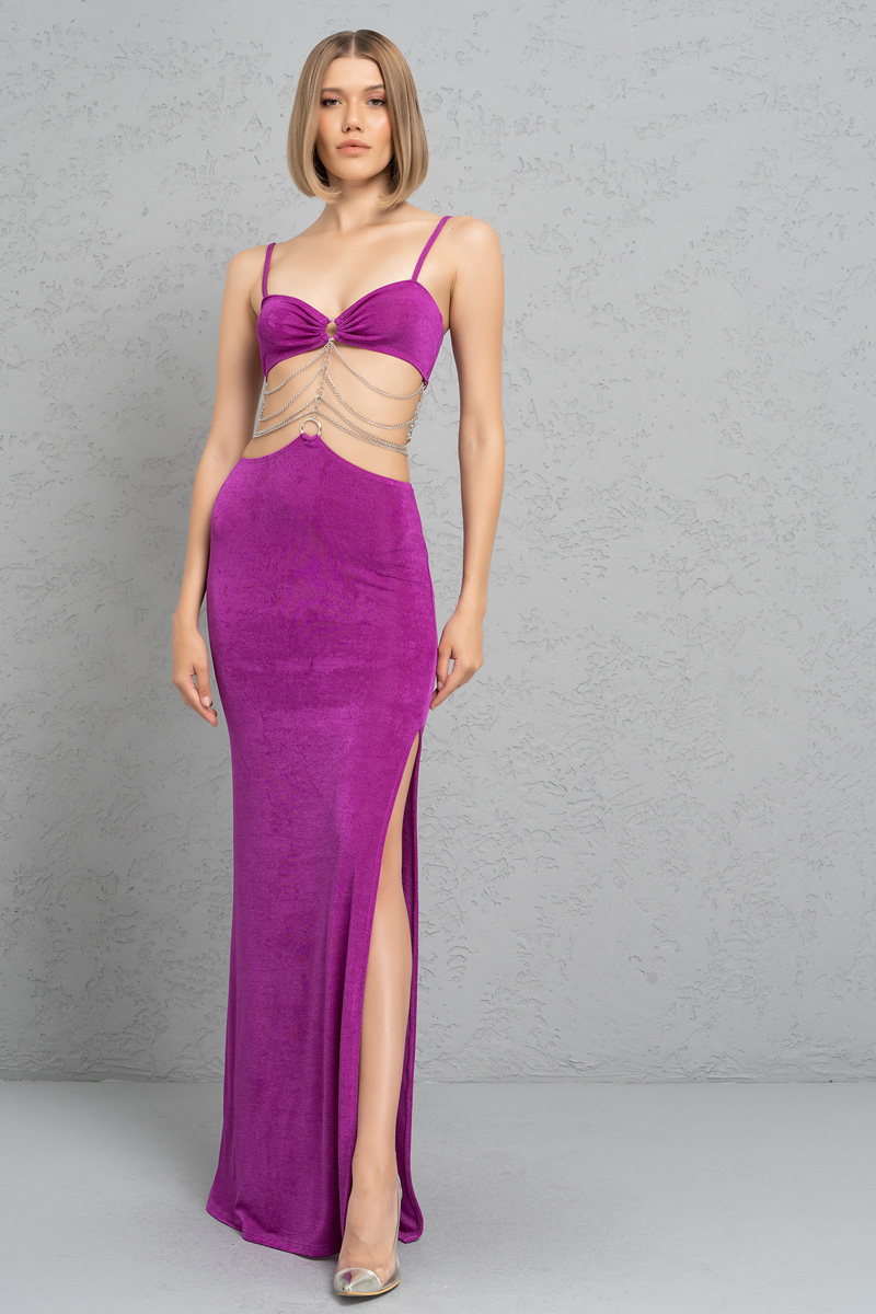 Magenta Beli Zincir Detaylı Maxi Elbise