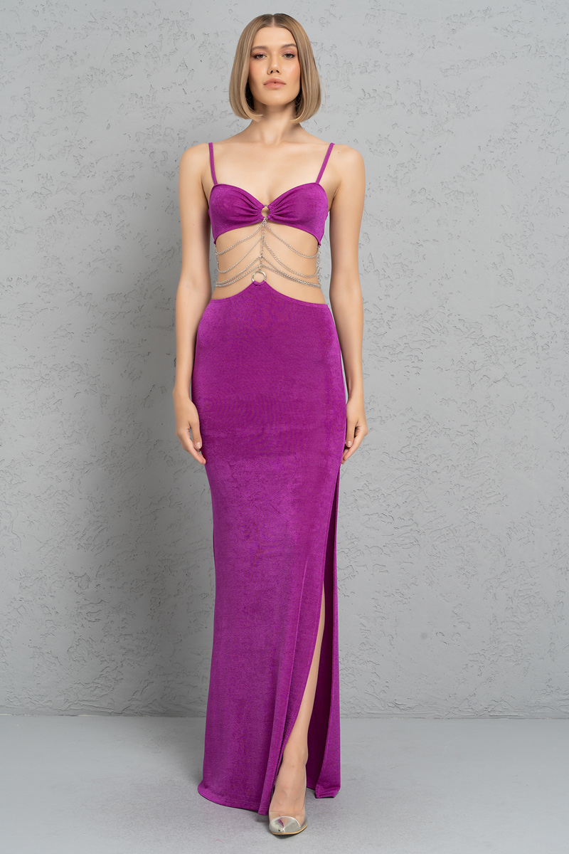 Magenta Beli Zincir Detaylı Maxi Elbise