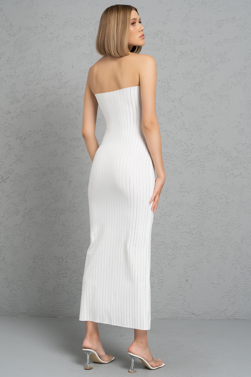 Off white Taşlı Straplez Maxi Elbise