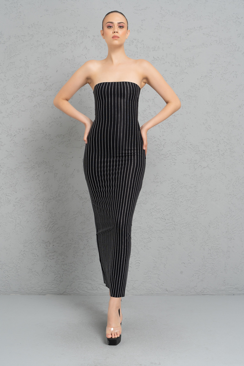 Siyah Taşlı Straplez Maxi Elbise