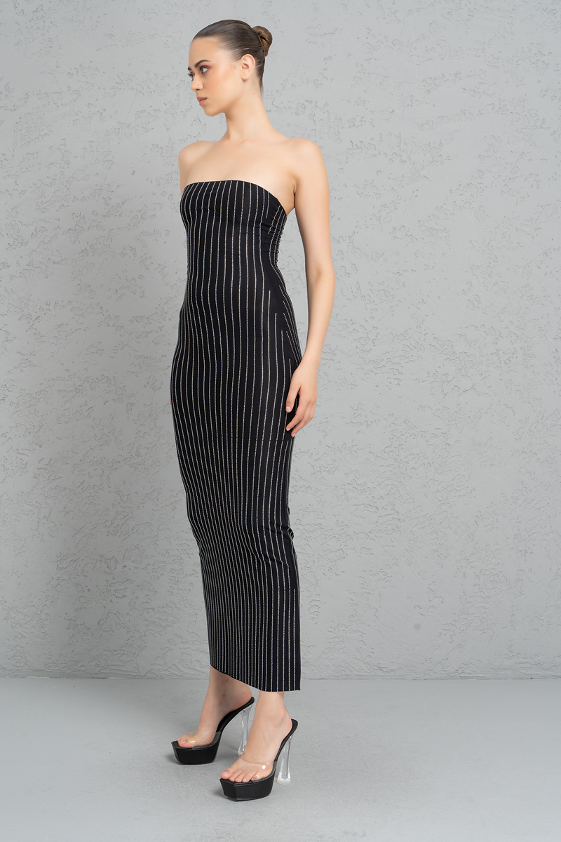 Siyah Taşlı Straplez Maxi Elbise