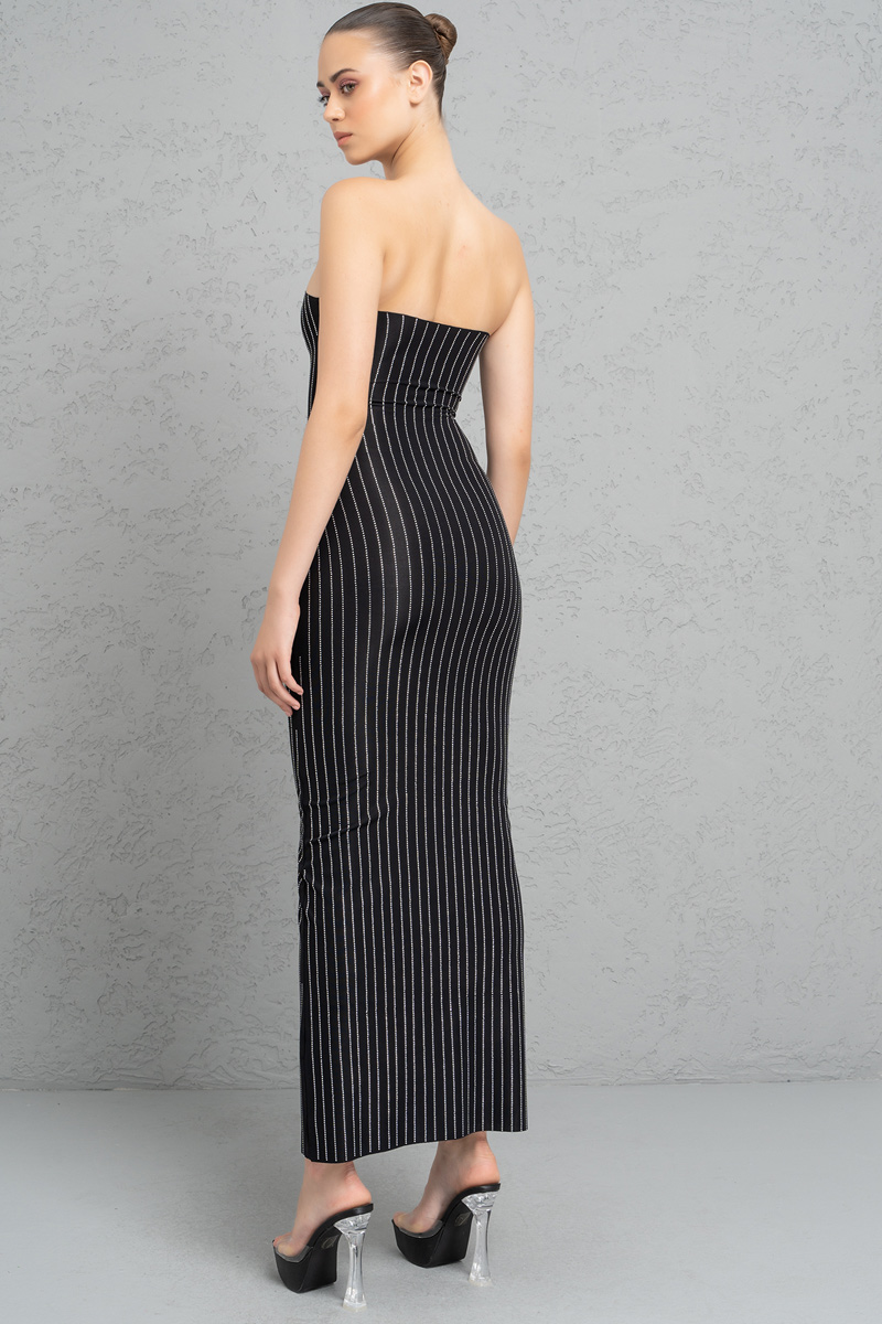 Siyah Taşlı Straplez Maxi Elbise