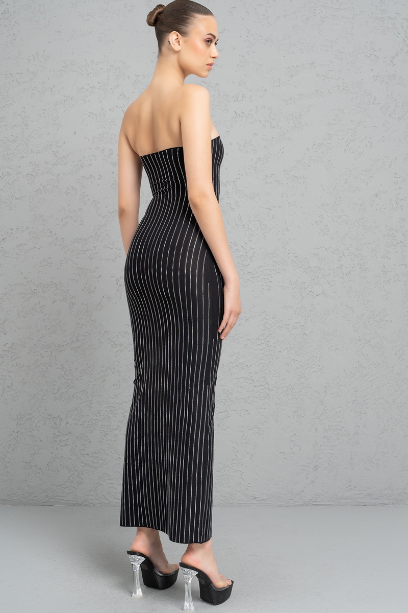 Siyah Taşlı Straplez Maxi Elbise