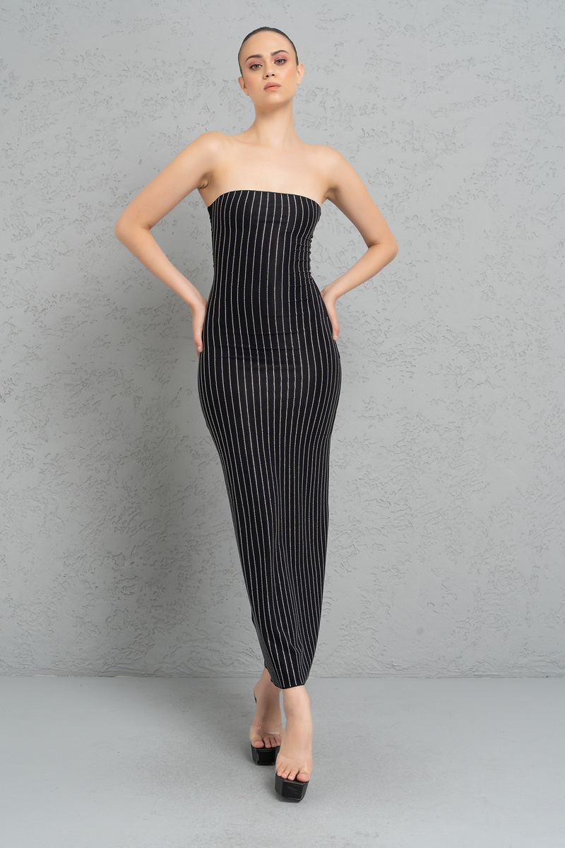 Siyah Taşlı Straplez Maxi Elbise