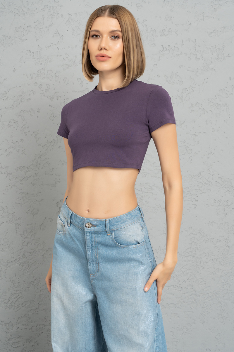 Kısa Kollu Mor Crop Bluz