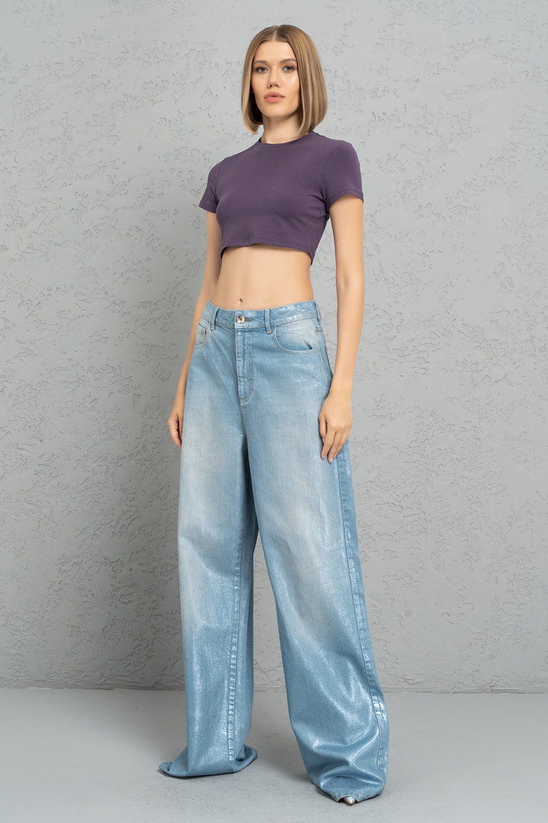 Kısa Kollu Mor Crop Bluz