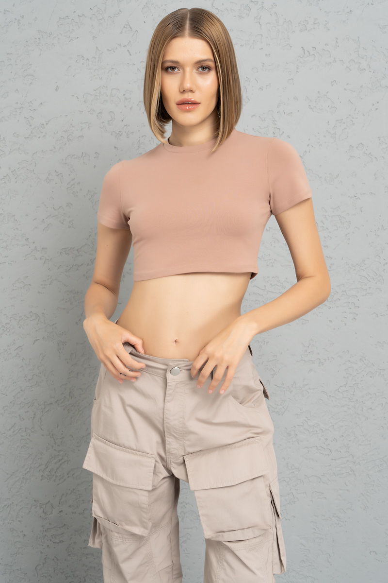 Short Sleeve Caramel Crop Top