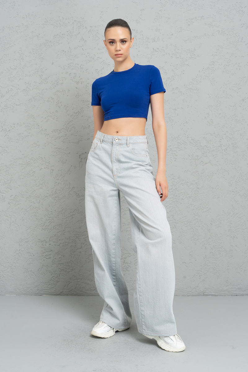 Short Sleeve Saks Blue Crop Top
