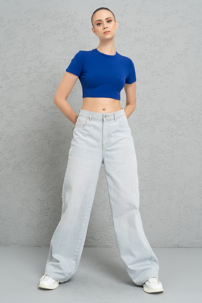 Short Sleeve Saks Blue Crop Top