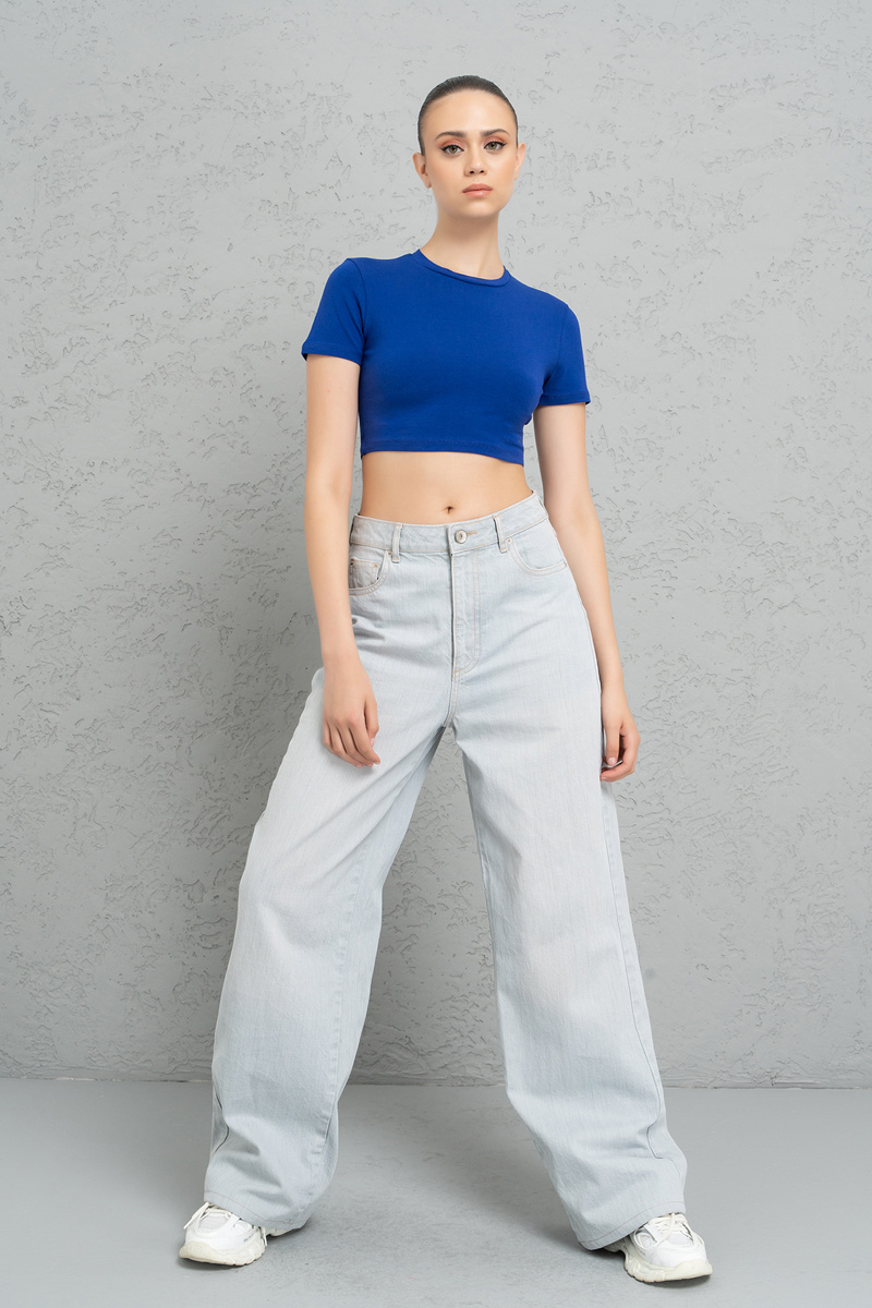 Short Sleeve Saks Blue Crop Top