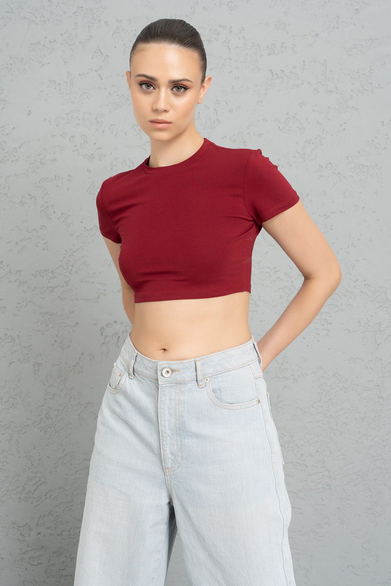Short Sleeve Bordeaux Crop Top