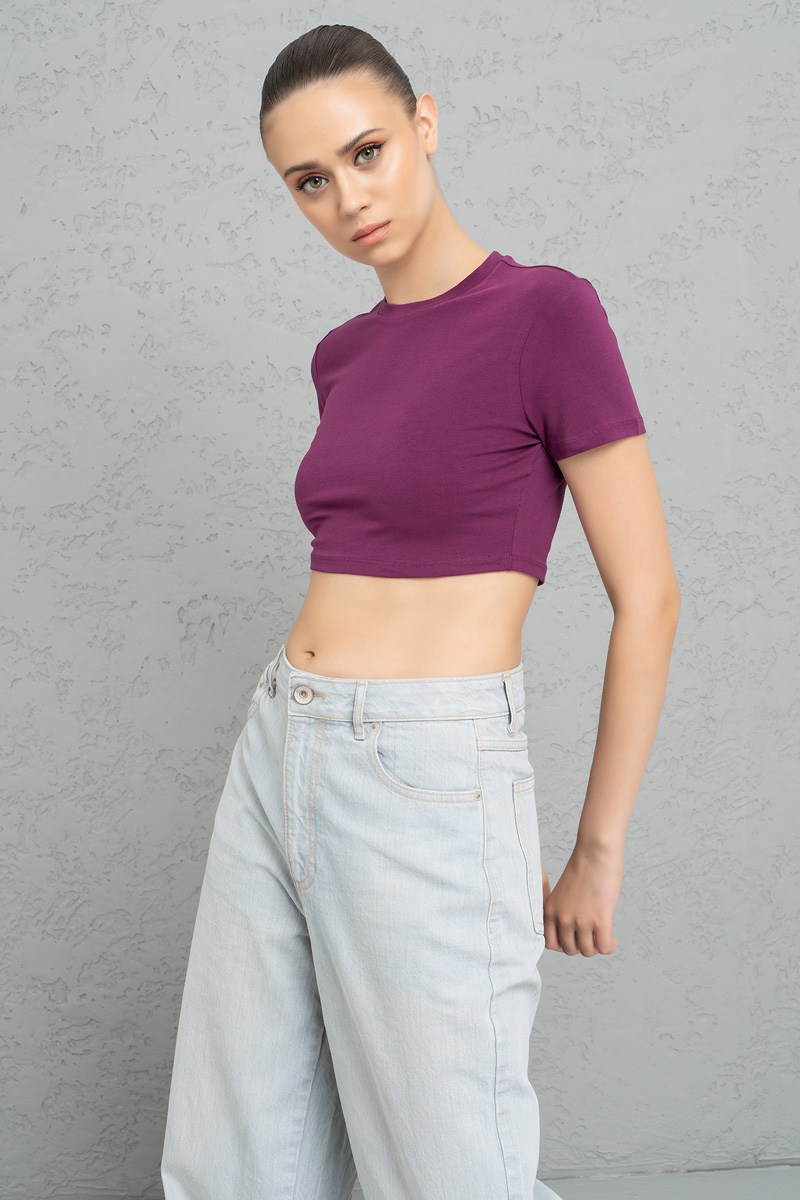 Short Sleeve Mürdüm Crop Top