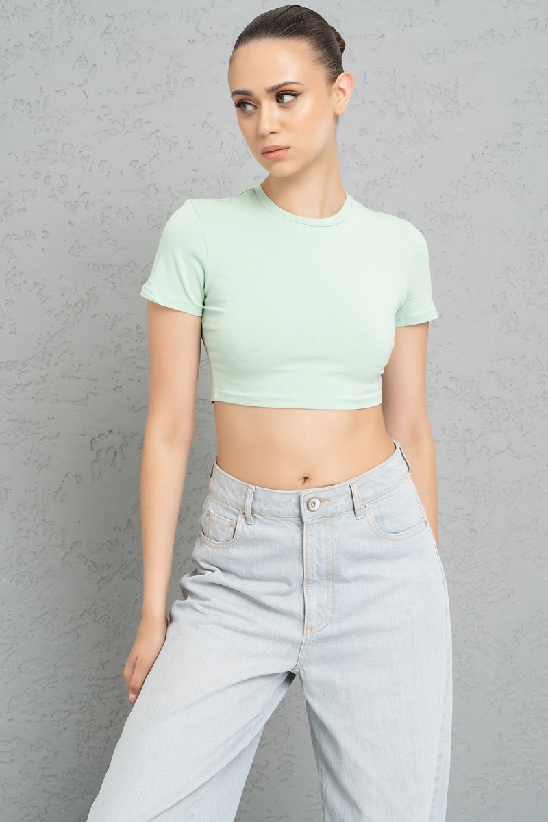 Kısa Kollu Pale Mýnt Crop Bluz