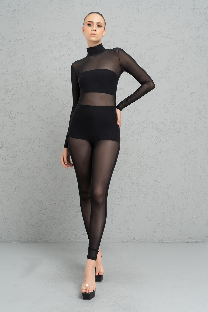 Sheer Black Mock Neck Catsuit