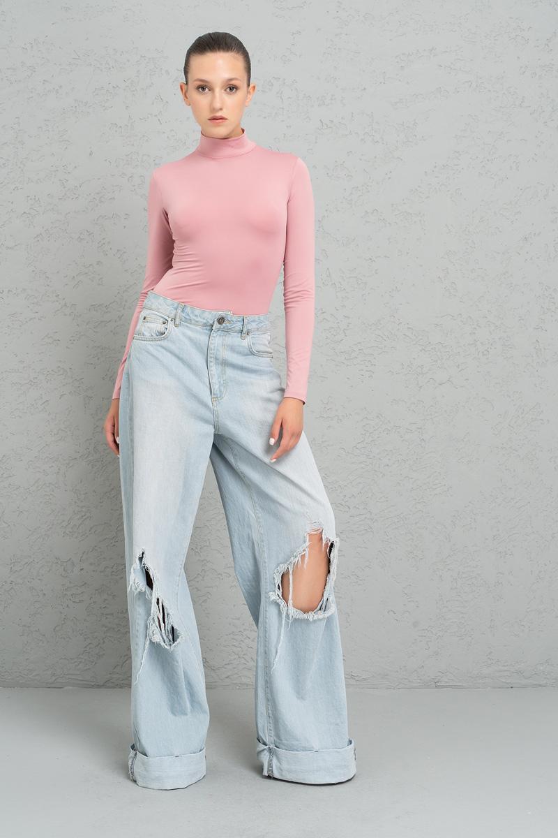 Light Rose Balıkçı Yaka Uzun Kollu Bluz