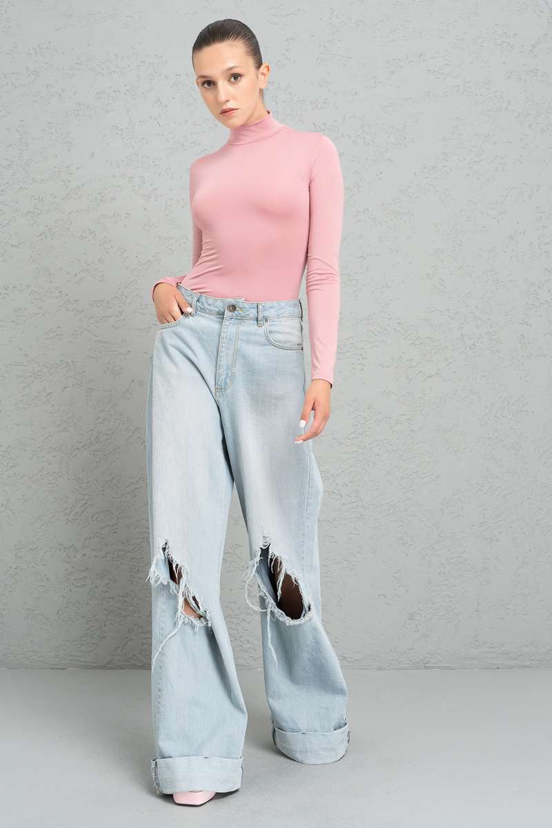 Light Rose Balıkçı Yaka Uzun Kollu Bluz