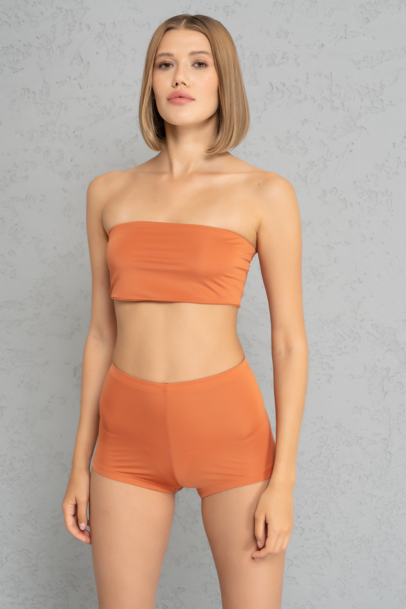 Basic Ochre Bandeau And Booty Shorts Set
