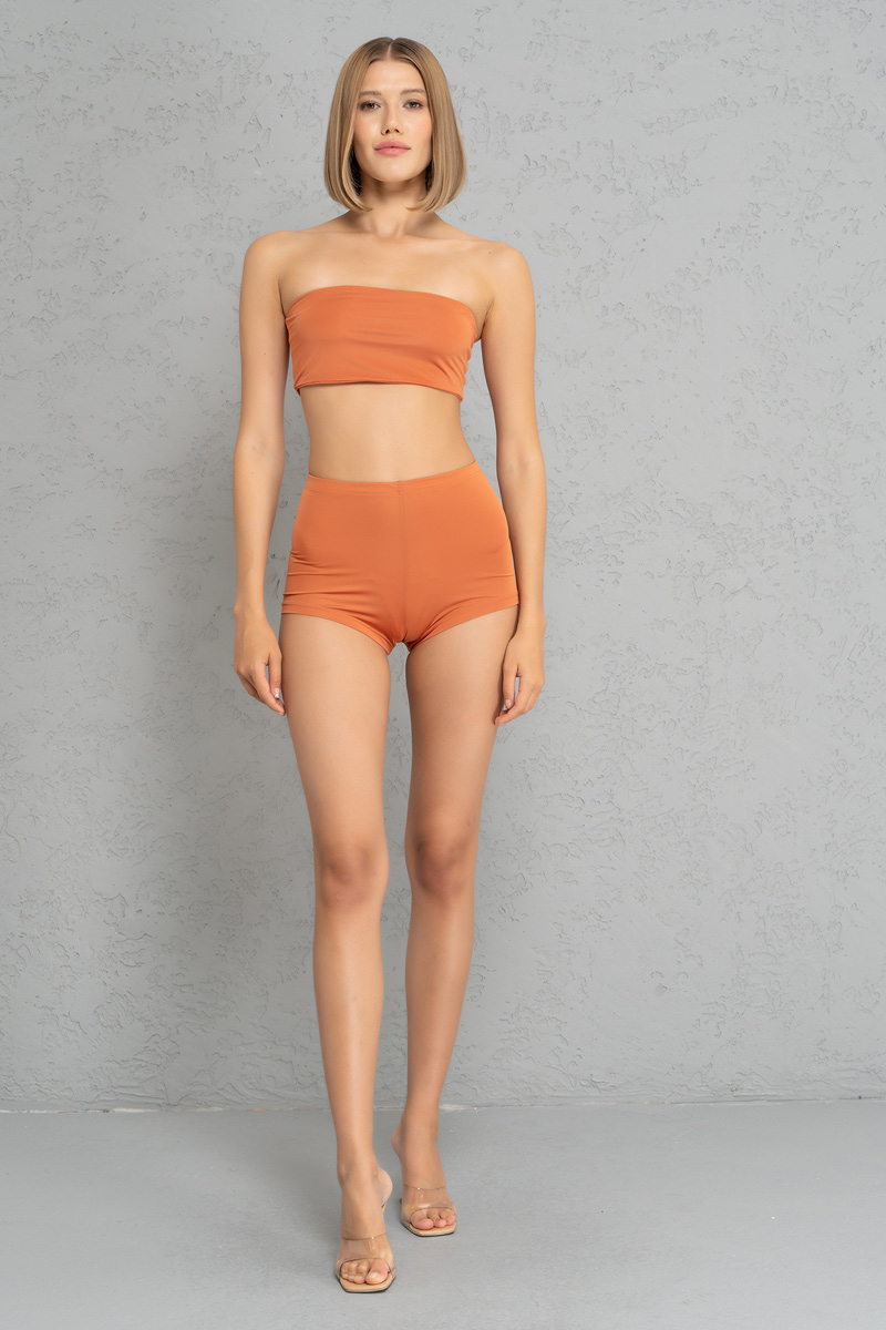 Basic Ochre Bandeau And Booty Shorts Set