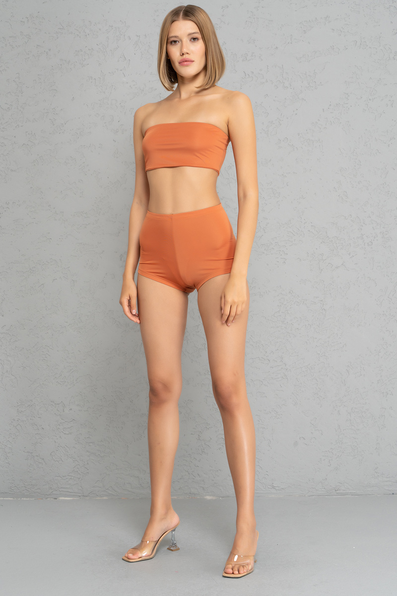 Basic Ochre Bandeau And Booty Shorts Set