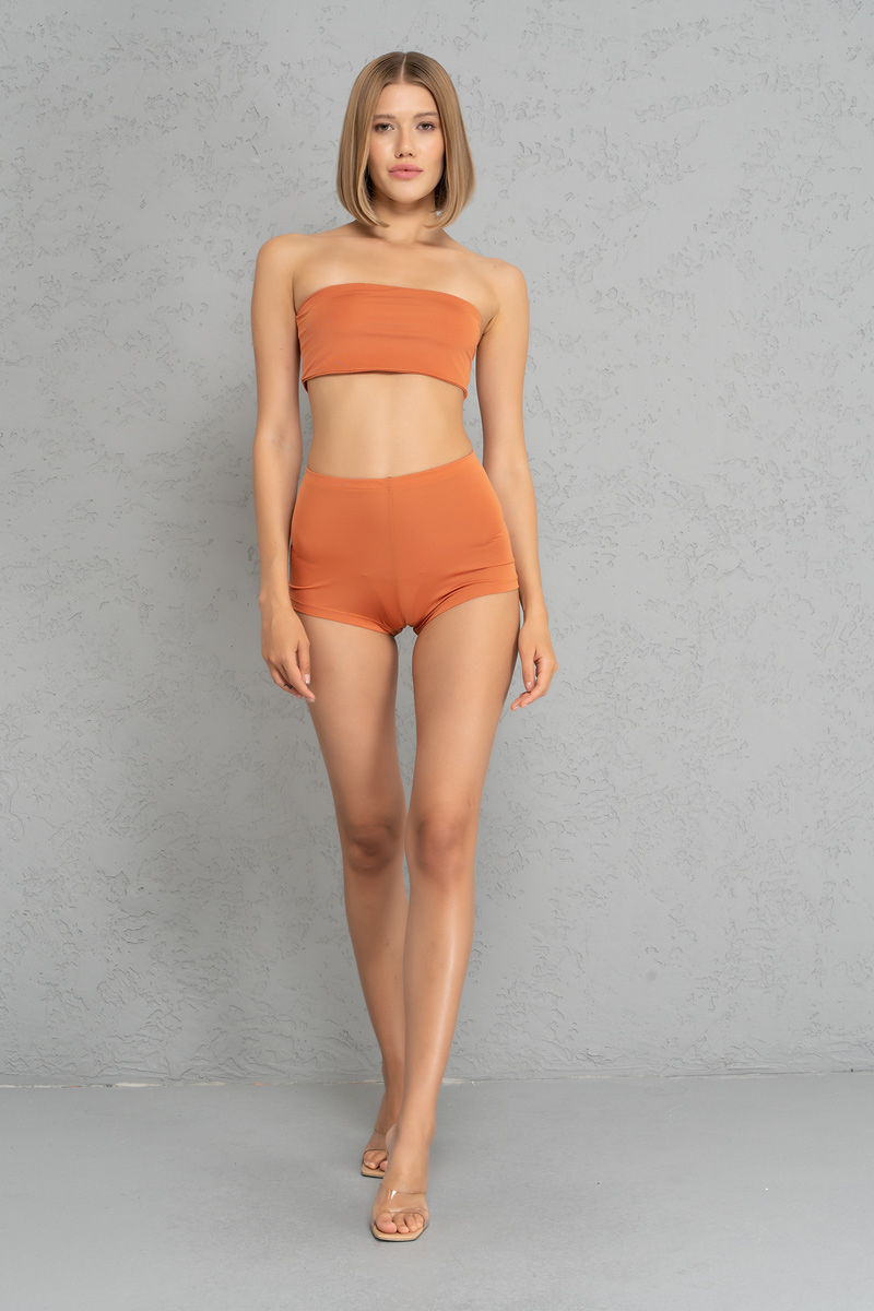 Basic Ochre Bandeau And Booty Shorts Set