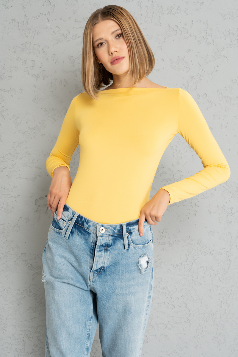Boat Neck Long Sleeve Light yellow Top
